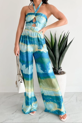 BondedShoulder Sunshine & Seaside Halter Wide Leg Jumpsuit (Blue)