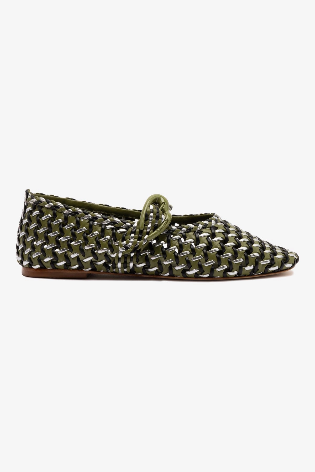 Lightweight EVA Material Molded Insole Verona Macrame Ballet Flat In Seaweed, Black and Silver Metallic Leather