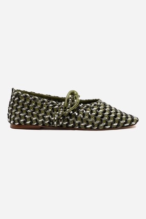 Roomy Toe Box Smooth Soles Verona Macrame Ballet Flat In Seaweed, Black and Silver Metallic Leather