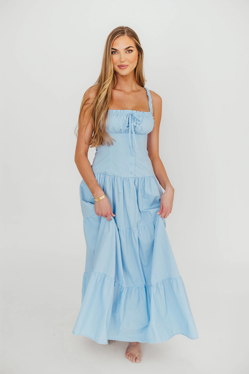 Calm Fit Petite Chic Sutton Corset Button Down Tiered Maxi Dress in Light Blue *Final-Sale*