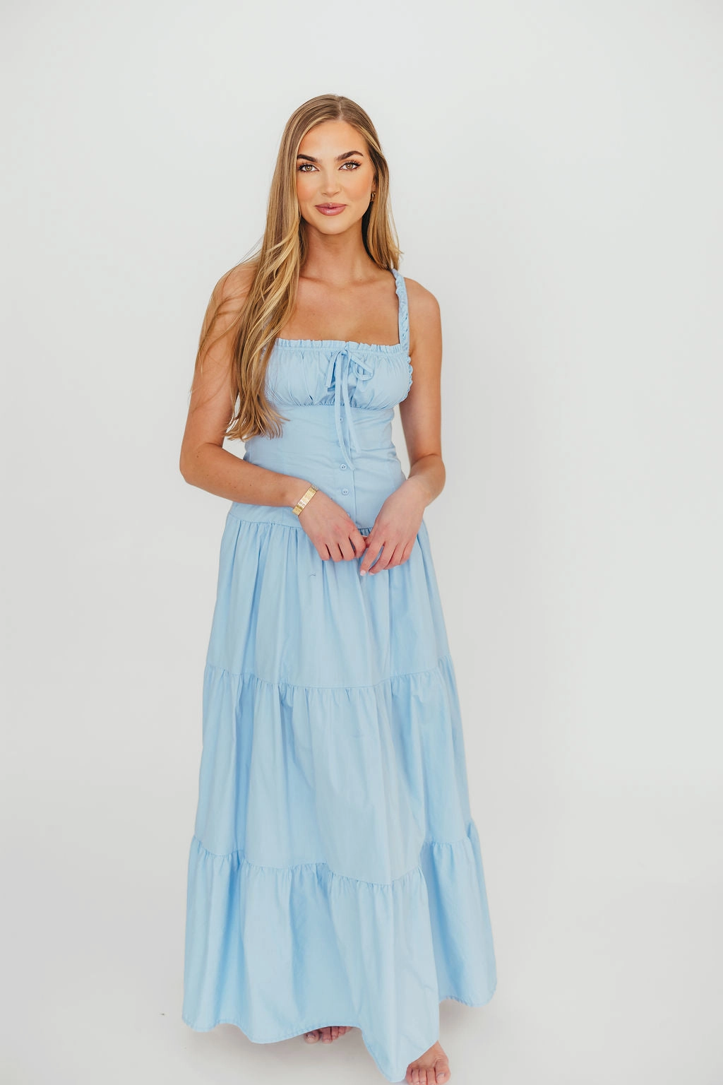 Daily Option Comfy Fit Wear Sutton Corset Button Down Tiered Maxi Dress in Light Blue *Final-Sale*