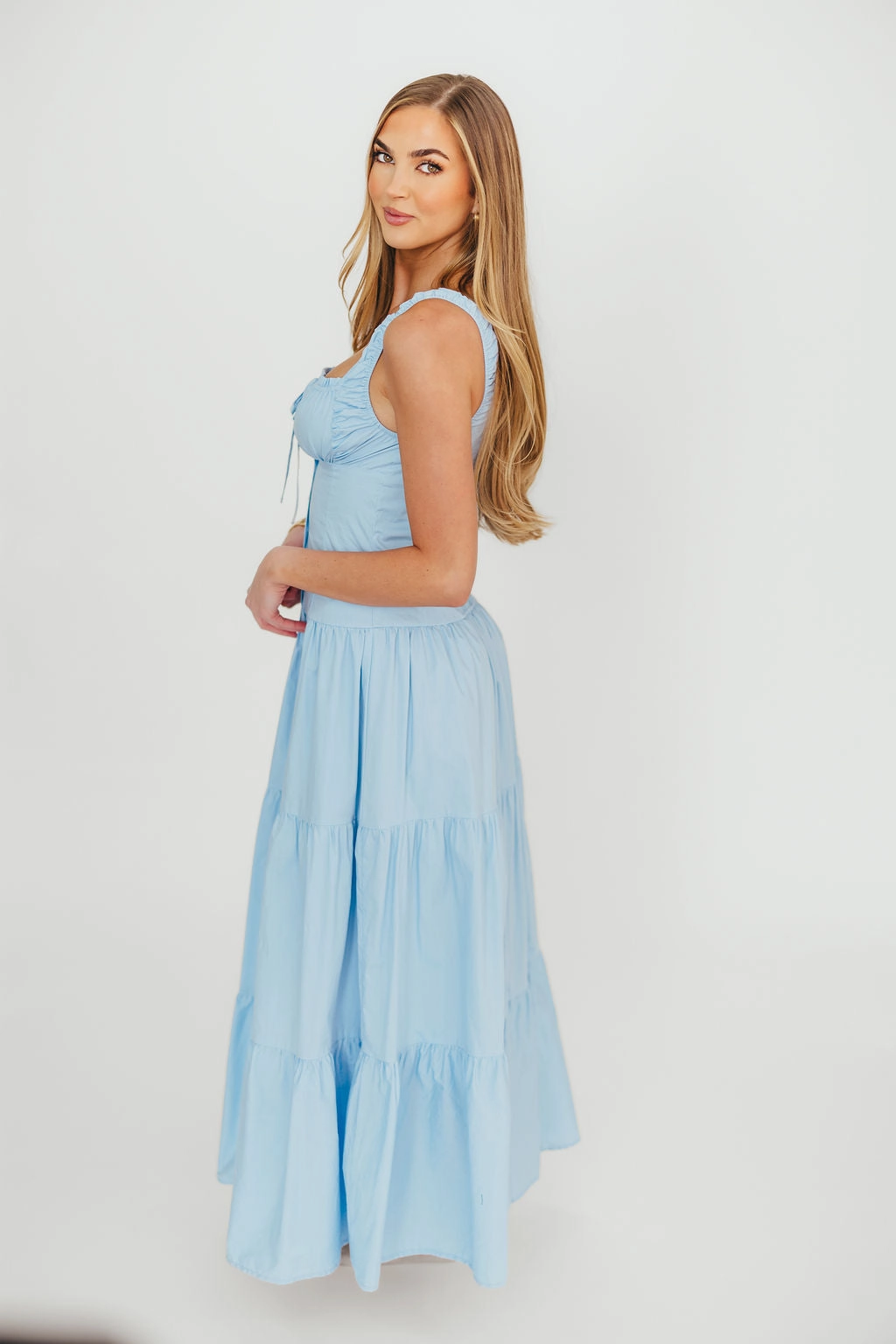 Sutton Corset Button Down Tiered Maxi Dress in Light Blue *Final-Sale* Simple Spirit