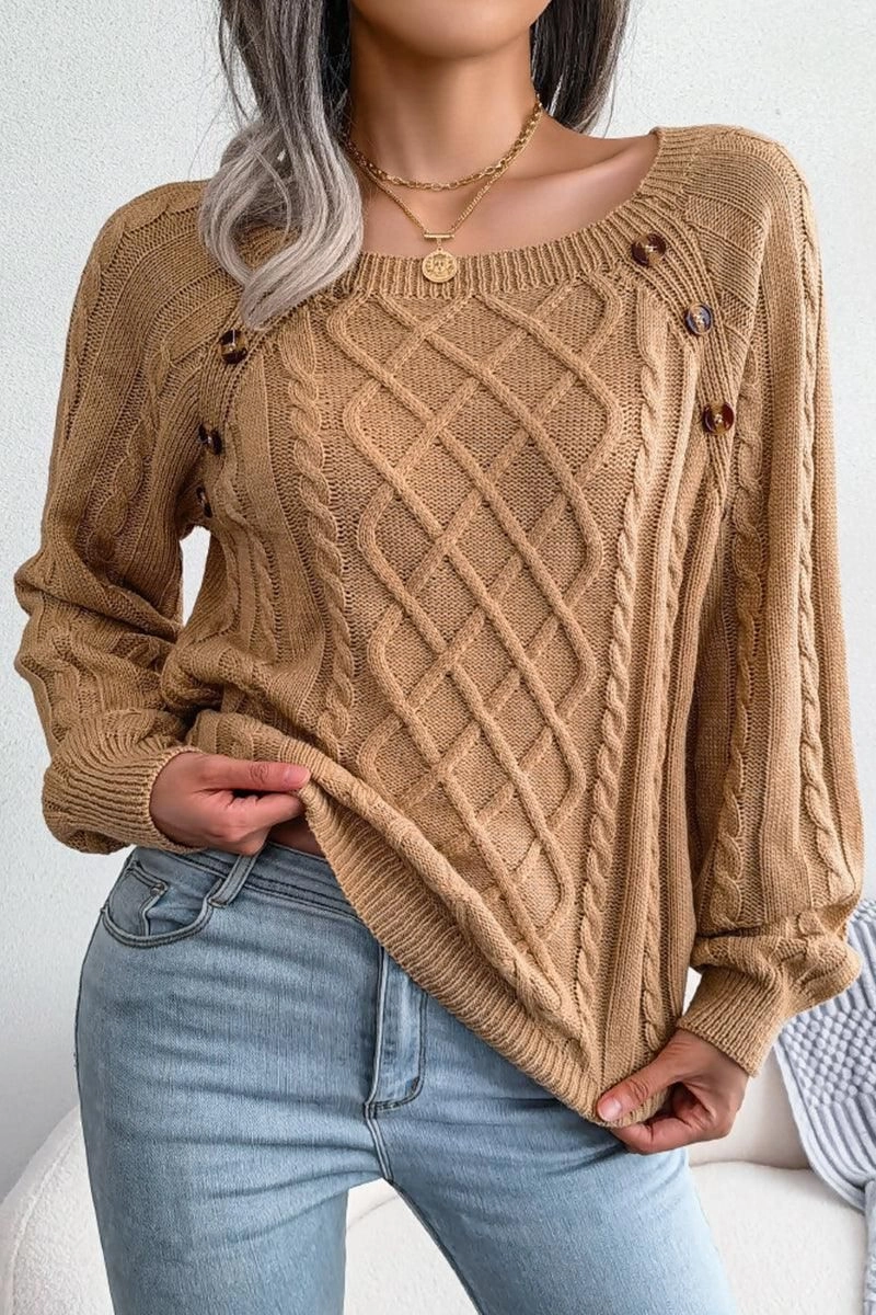 CABLE KNIT BUTTON DETAILED PULLOVER SWEATER WrinkleResistant Cloth