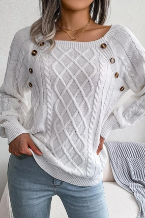 CABLE KNIT BUTTON DETAILED PULLOVER SWEATER RecycledPolyesterBlend
