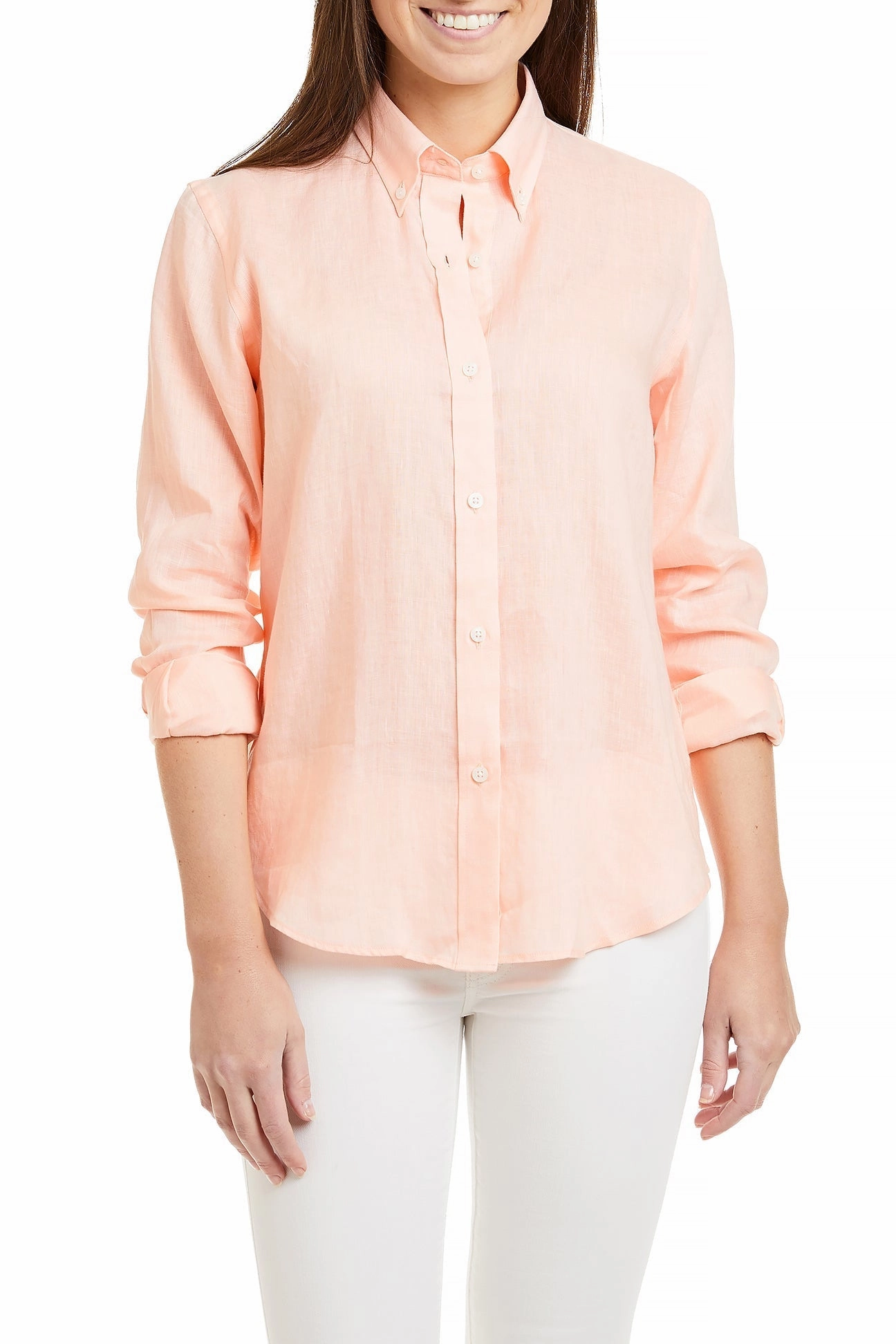 Ladies Button Down Shirt Peach Linen SnagResistant Sweat Absorbent Inner Layer