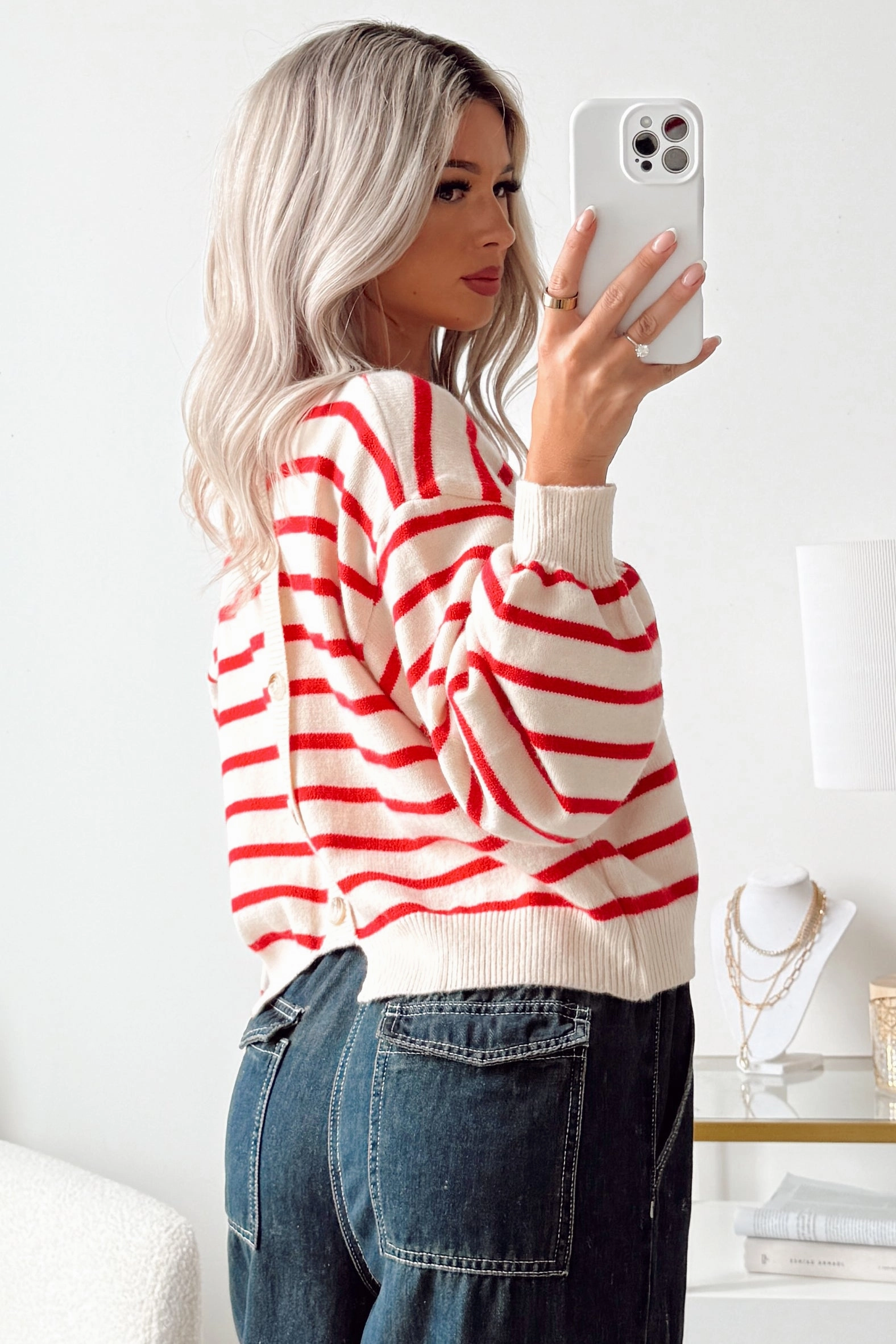BreathableBack ReinforcedHems Morning Rituals Striped Button Detail Sweater (Red)