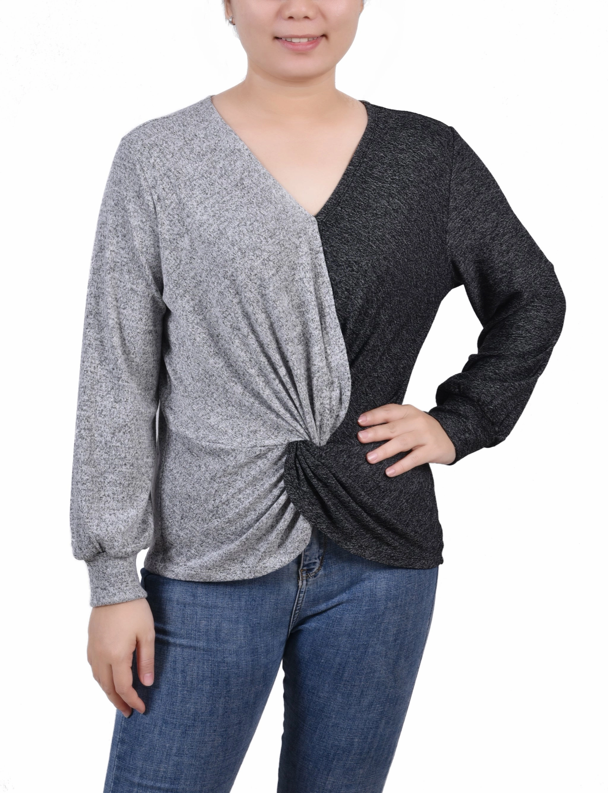 Multi Panel Design Petite Long Sleeve Twist Front Colorblocked Top