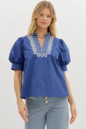 simple design Ember Embroidered Puff Sleeve Top