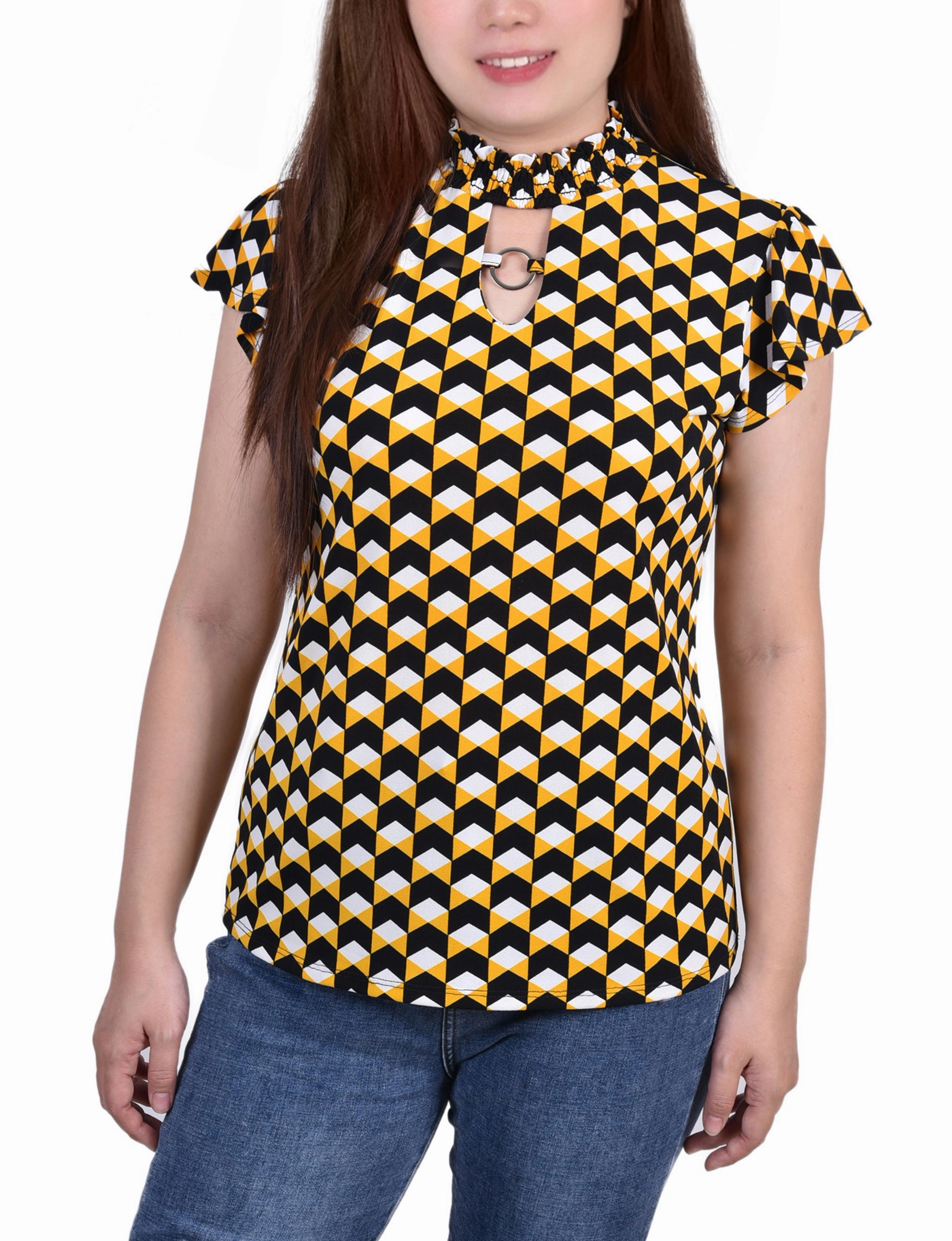 Petite Short Flutter Sleeve Mock Neck Top SnagProof