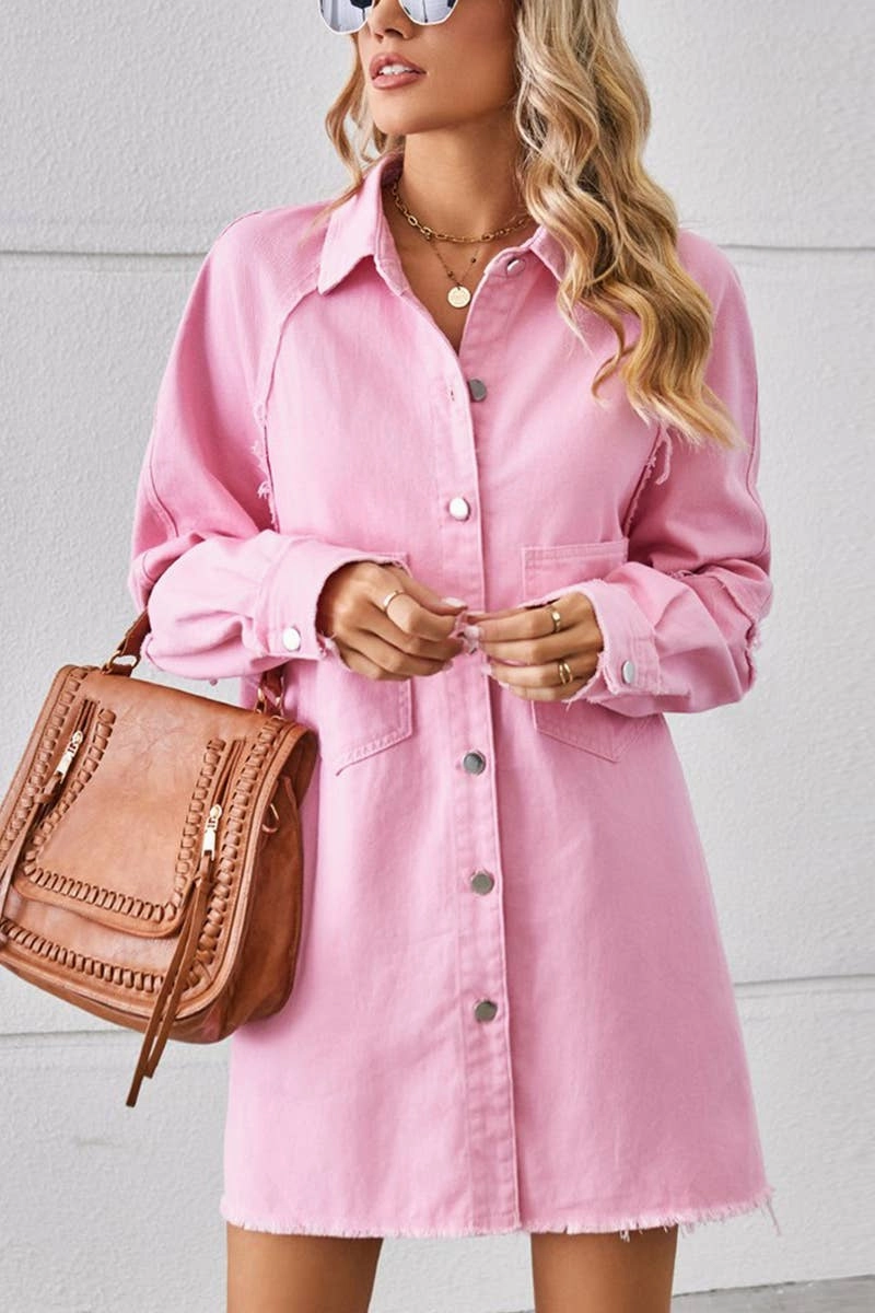 Flow Friendly Flattering Style Fit 2024 RAW EDGE CARDIGAN DENIM PATCHWORK SHIRT DRESS_CWDSD2577