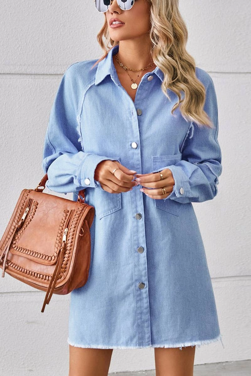 ReversibleStyle 2024 RAW EDGE CARDIGAN DENIM PATCHWORK SHIRT DRESS_CWDSD2577