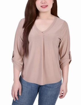 3/4 Sleeve V Neck Top SlimFitAdaptation Asymmetrical hem