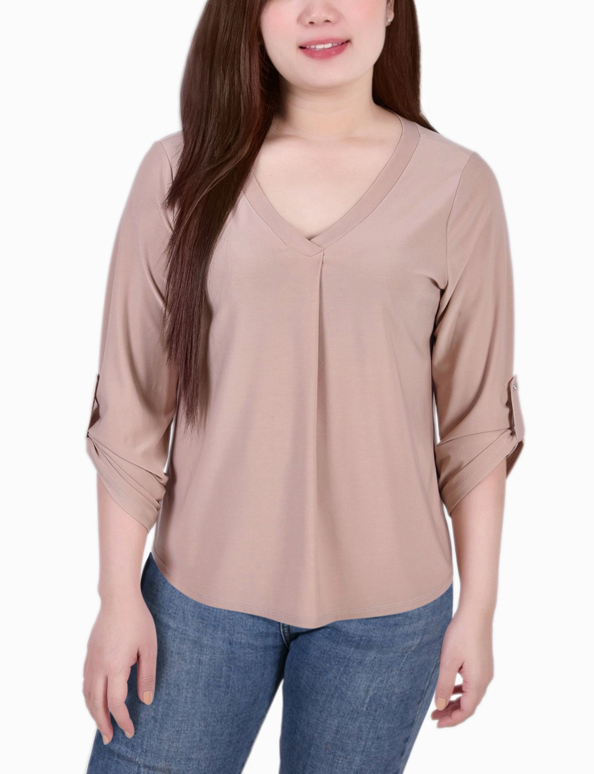 3/4 Sleeve V Neck Top SlimFitAdaptation Asymmetrical hem