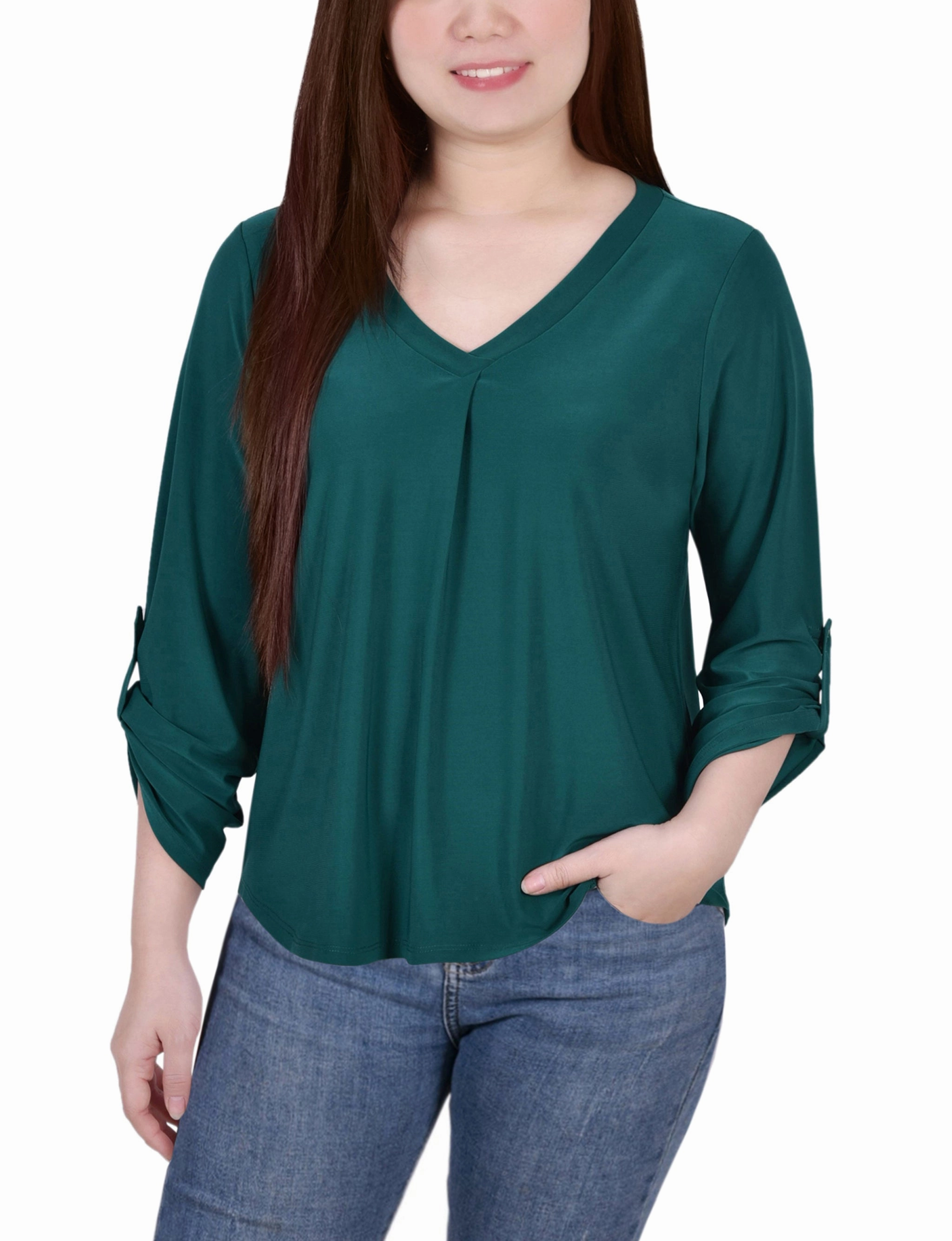 Anti Pill Finish Soft Texture 3/4 Sleeve V Neck Top