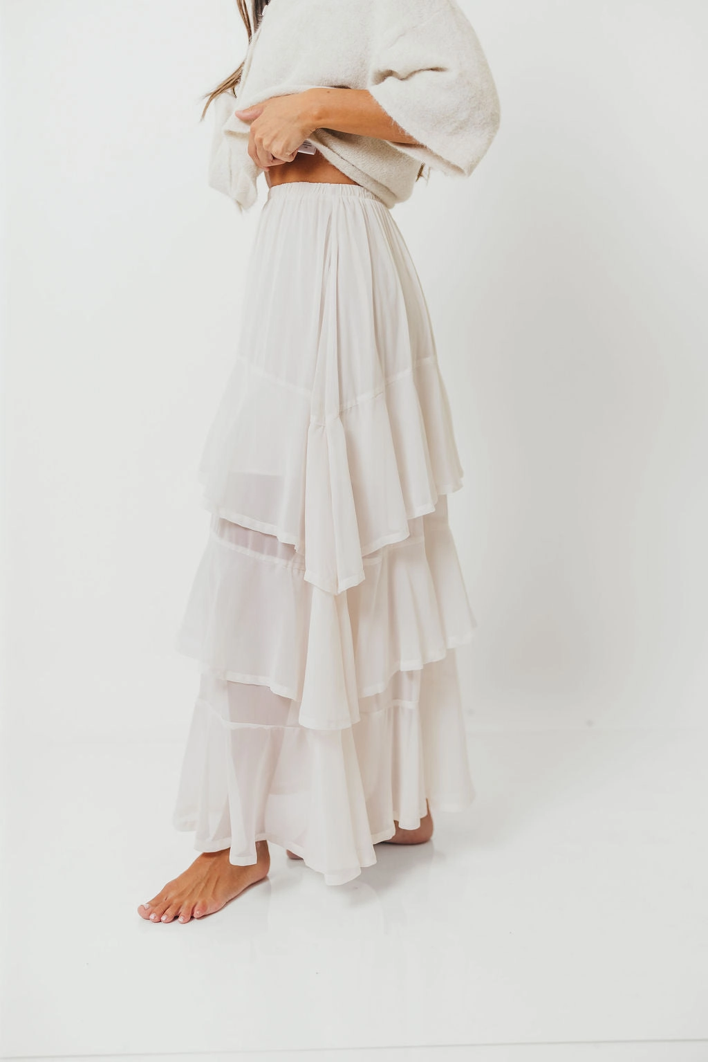 Leather Look Summer Picnic Talulah Ruffle Tiered Maxi Skirt in Ivory