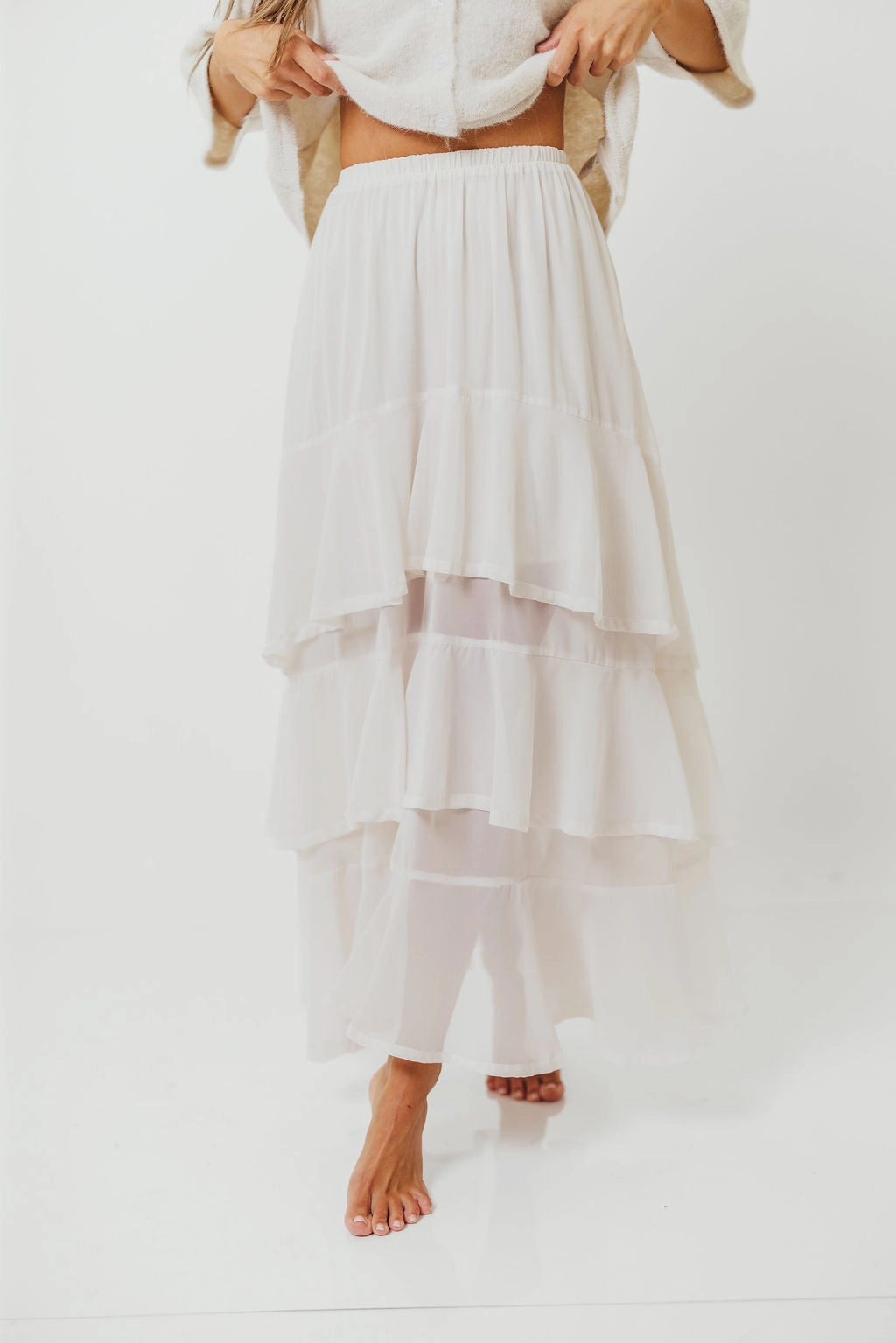 Talulah Ruffle Tiered Maxi Skirt in Ivory Winter Staple