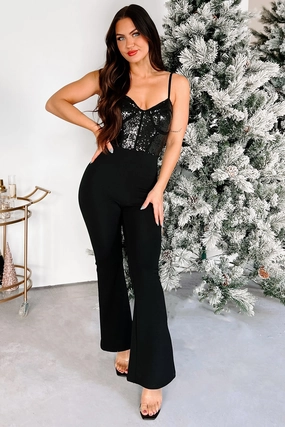 Hidden Zipper Closure VentilatedBack Feeling Snazzy Sequin Corset Jumpsuit (Black)
