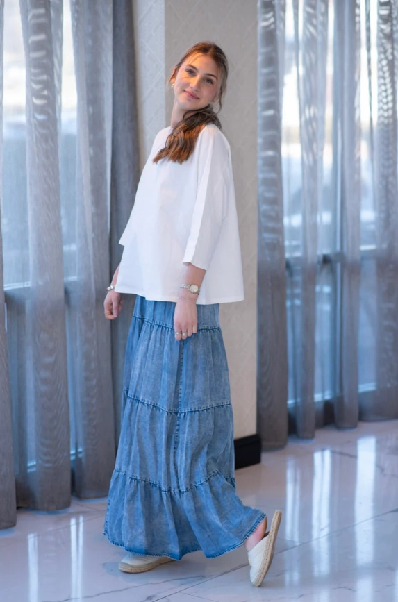 Front Slit Soft Aesthetic Mayas Place Denim Tiered Maxi Skirt