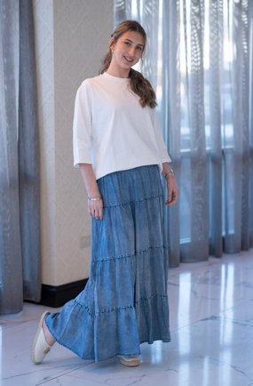 Knee Length Mayas Place Denim Tiered Maxi Skirt