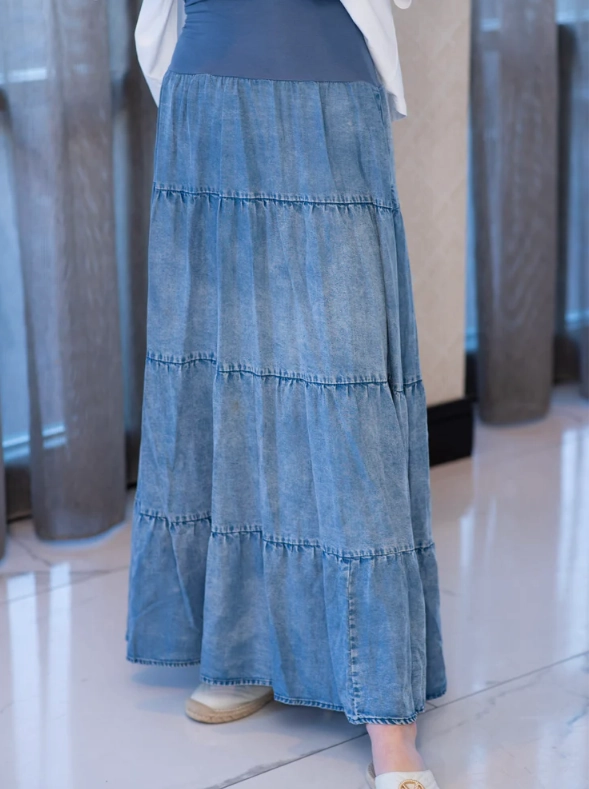 Mayas Place Denim Tiered Maxi Skirt Gentle Wear