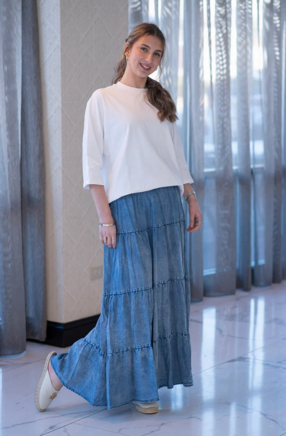 Mayas Place Denim Tiered Maxi Skirt Lifestyle Look flared silhouette