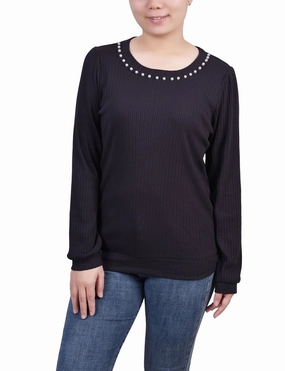 FlexibleNeckline Office Wear Petite Long Sleeve Ribbed Pearl Trimmed Top