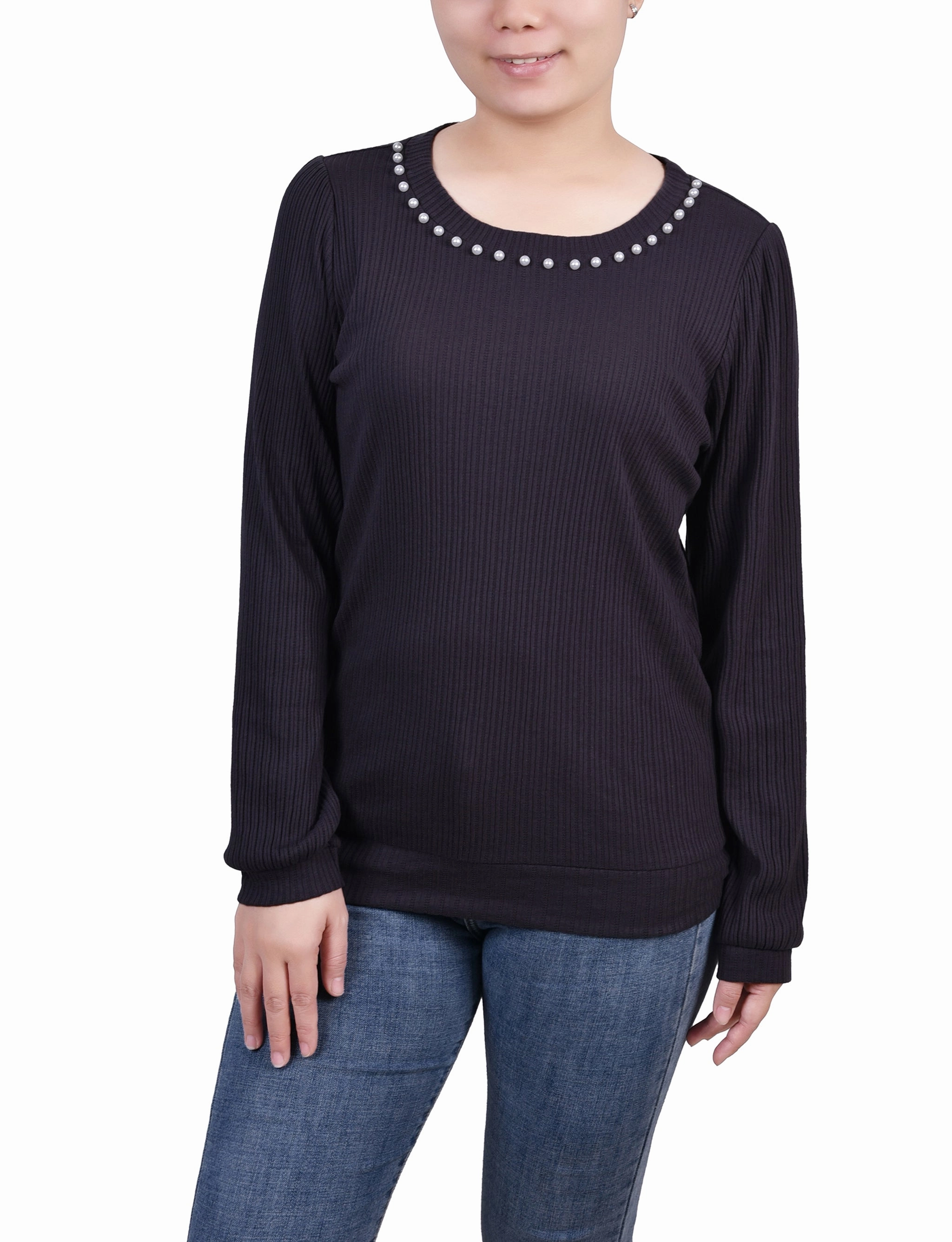 VentilatedArmholes Petite Long Sleeve Ribbed Pearl Trimmed Top