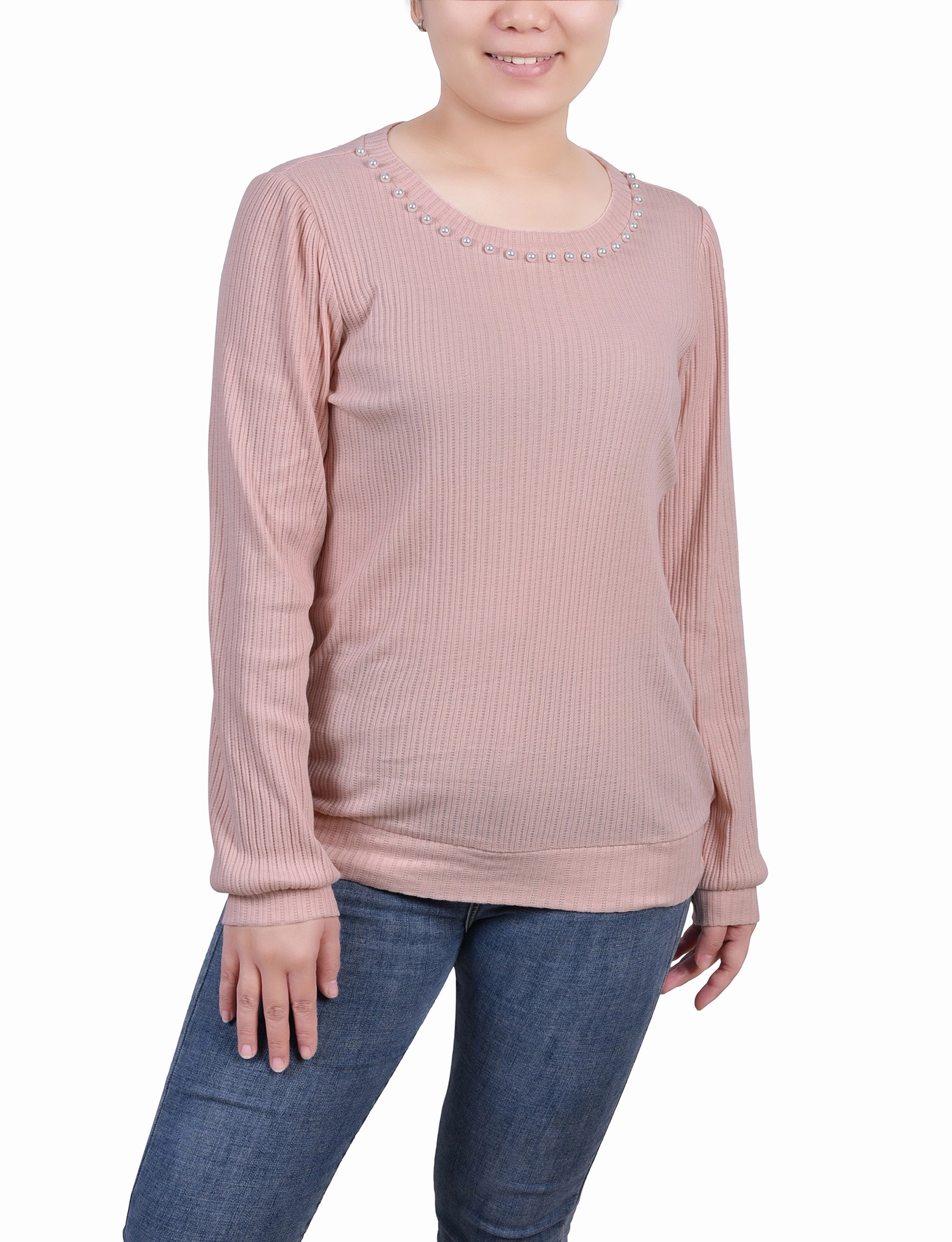 UVProtection Petite Long Sleeve Ribbed Pearl Trimmed Top