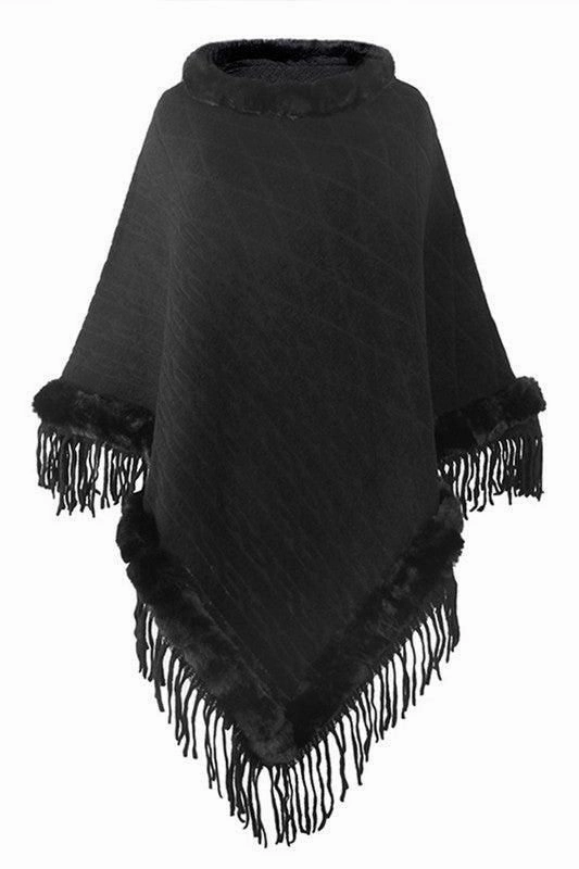 FURRY COLLAR SOLID COLOR KNITTED CLOAK SHAWL Sustainable Manufacturing Reinforced Shoulders