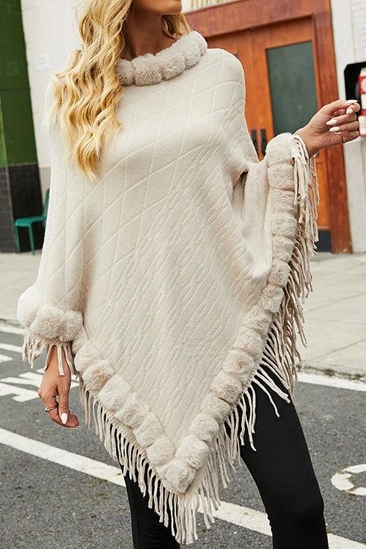 FURRY COLLAR SOLID COLOR KNITTED CLOAK SHAWL Stretch Technology Bound Seam Edges