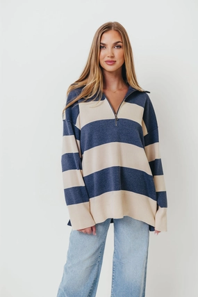 Fontaine Pullover in Navy Cream Soft Cotton Blend FlexibleCollar
