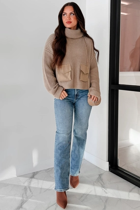 RelaxedFit Tell Me Everything Cowl Neck Cargo Sweater (Taupe)