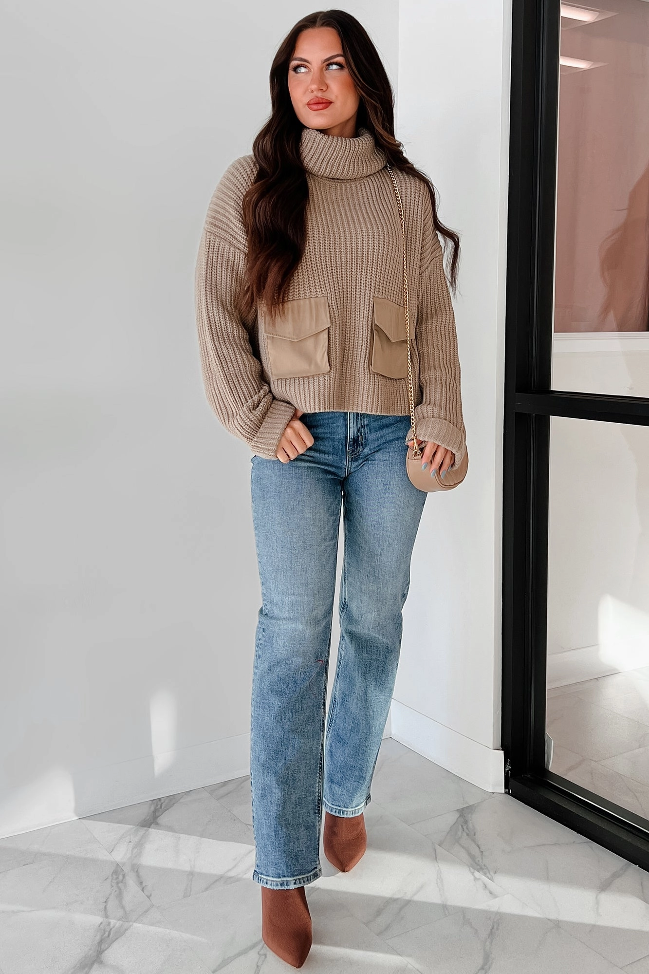 RelaxedFit Tell Me Everything Cowl Neck Cargo Sweater (Taupe)