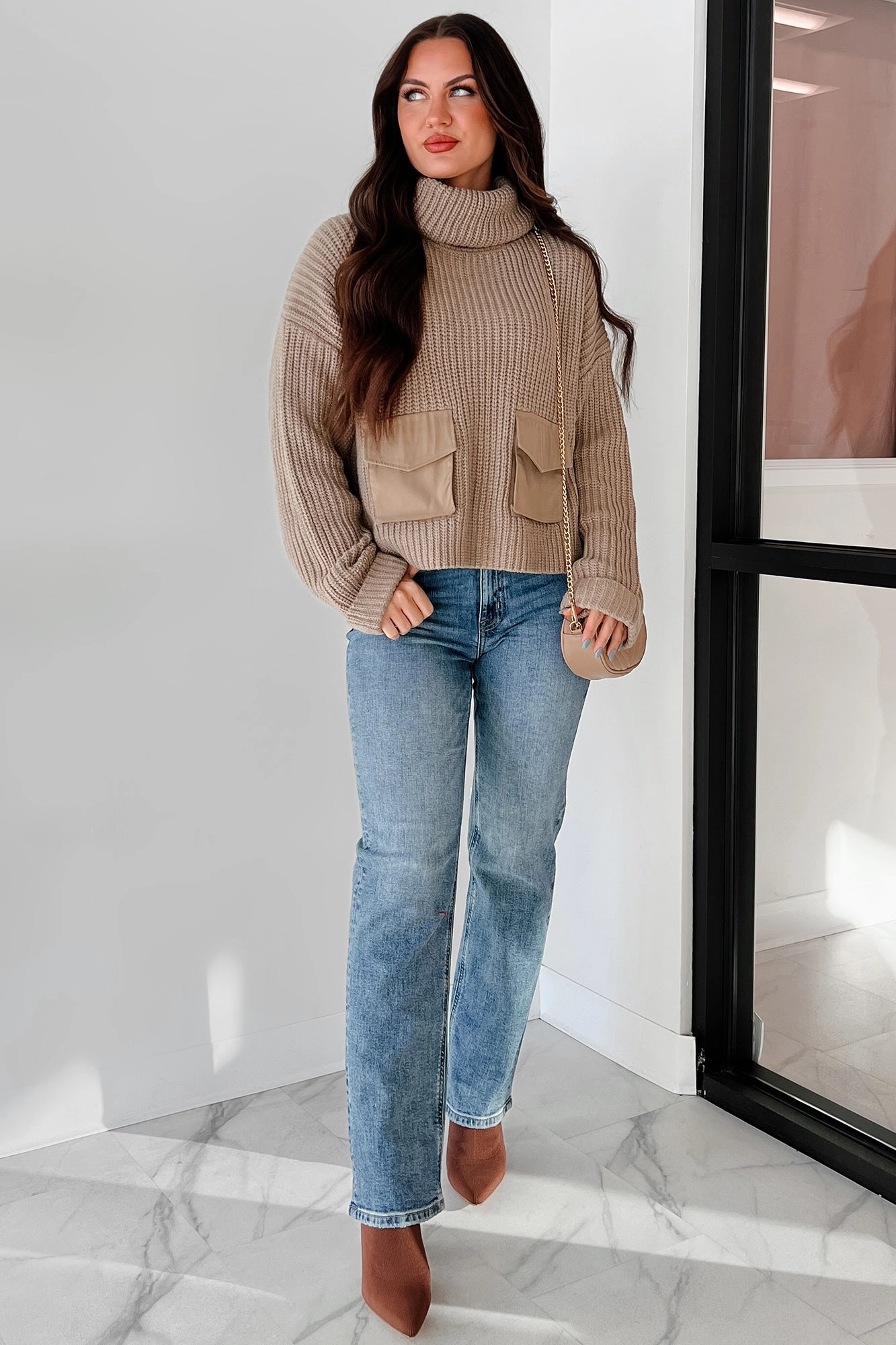 NonIrritating Stitching Tell Me Everything Cowl Neck Cargo Sweater (Taupe)