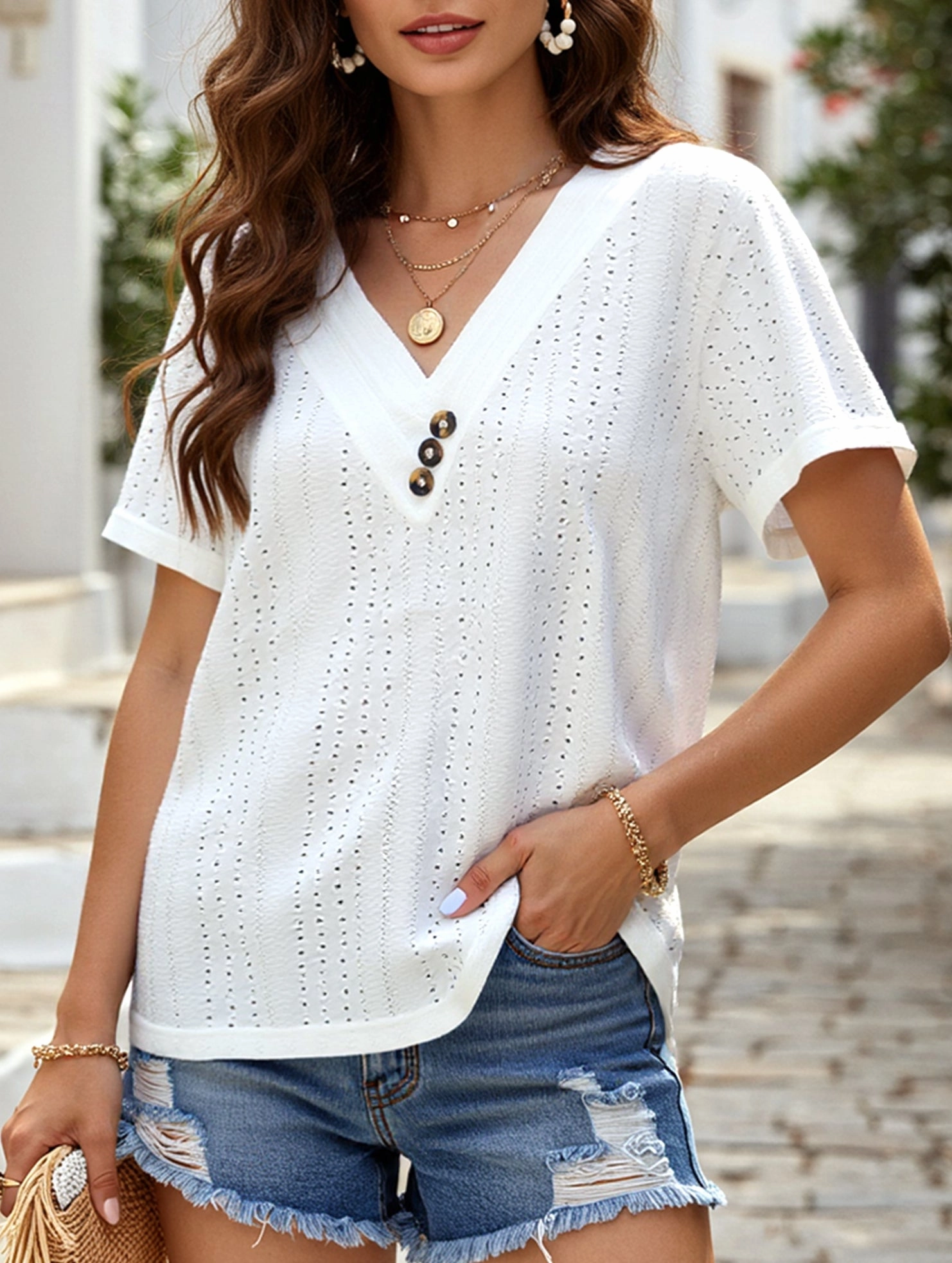 Fashionable Look Office Attire Temperament Casual Solid Color V-Neck Blouse ??Lightweight Summer Top for Women