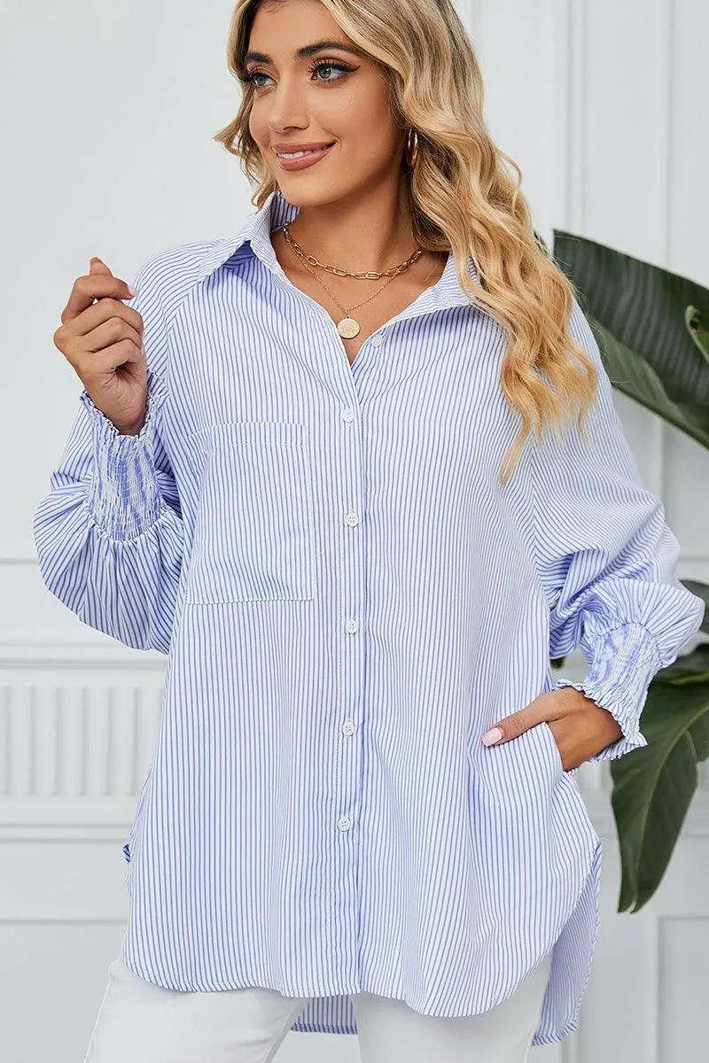 ButterySoftTextile CUFF DRAW PLEATED LOOSE STRIPE COLLAR SHIRTS