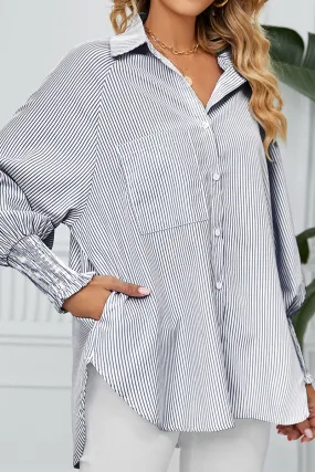 CUFF DRAW PLEATED LOOSE STRIPE COLLAR SHIRTS Summer Blouse