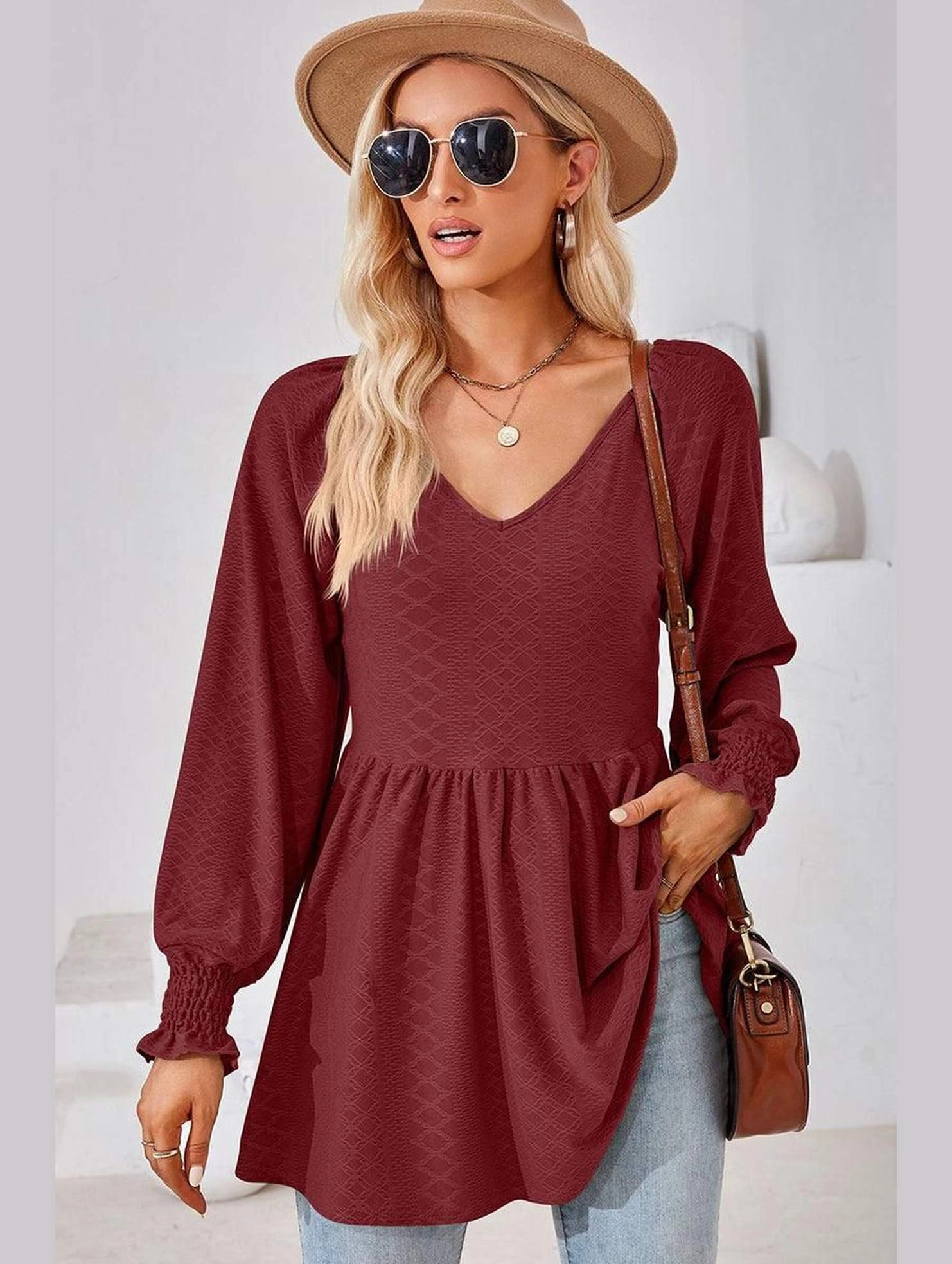 AntiSnag Fabric SheerLayering WOMEN V NECK PATTERNED RUFFLE SLEEVE TUNIC