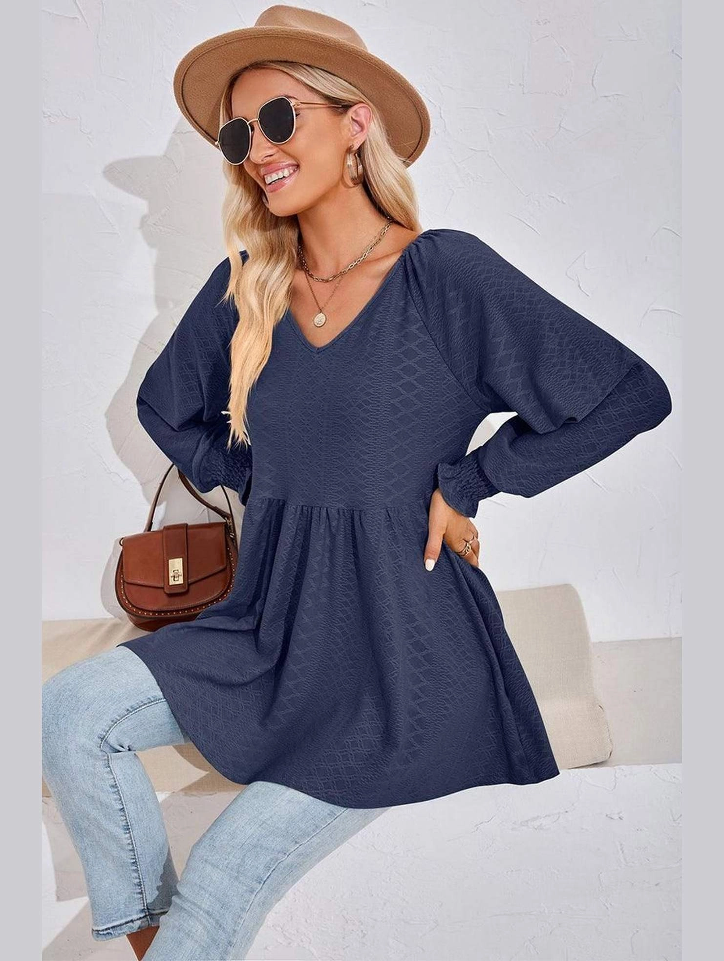 WOMEN V NECK PATTERNED RUFFLE SLEEVE TUNIC EasyCareMaterial EcoFriendly Dye Process