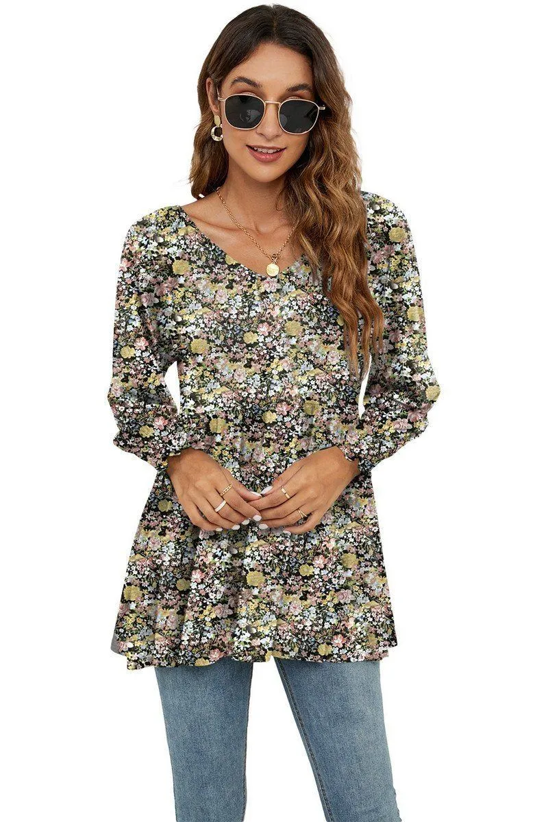WOMEN LOOSE FIT FLORAL PATTERN RUFFLED TUNIC TOP SoftLining