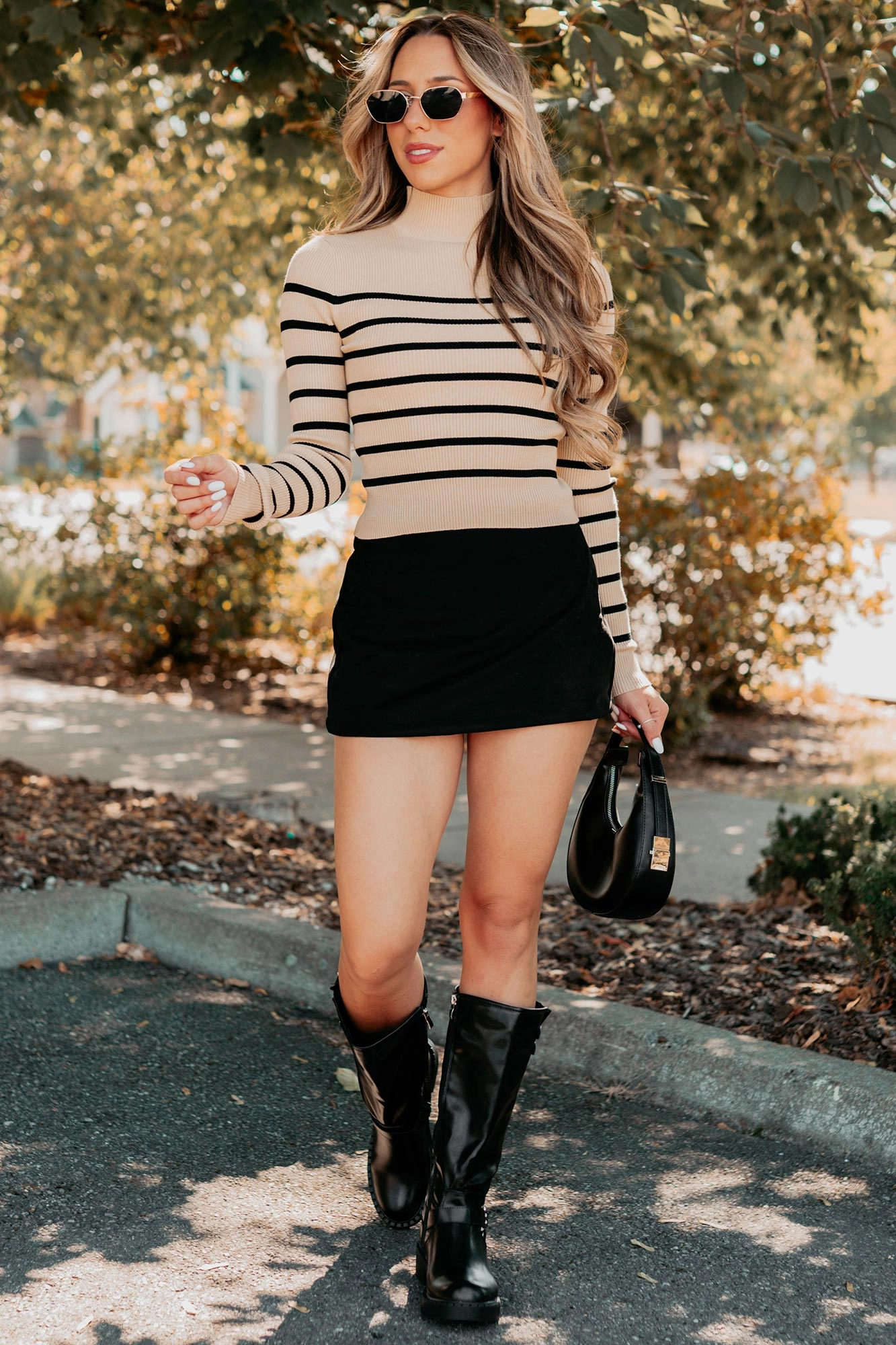 Convertible Design Blissful Rest Striped Mock Neck Sweater Top (Taupe/Black)