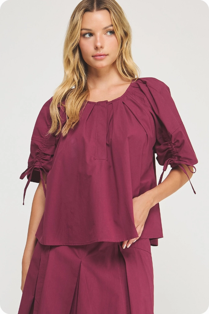 Simple Cut Liana Tie Sleeve Top In Dark Cherry