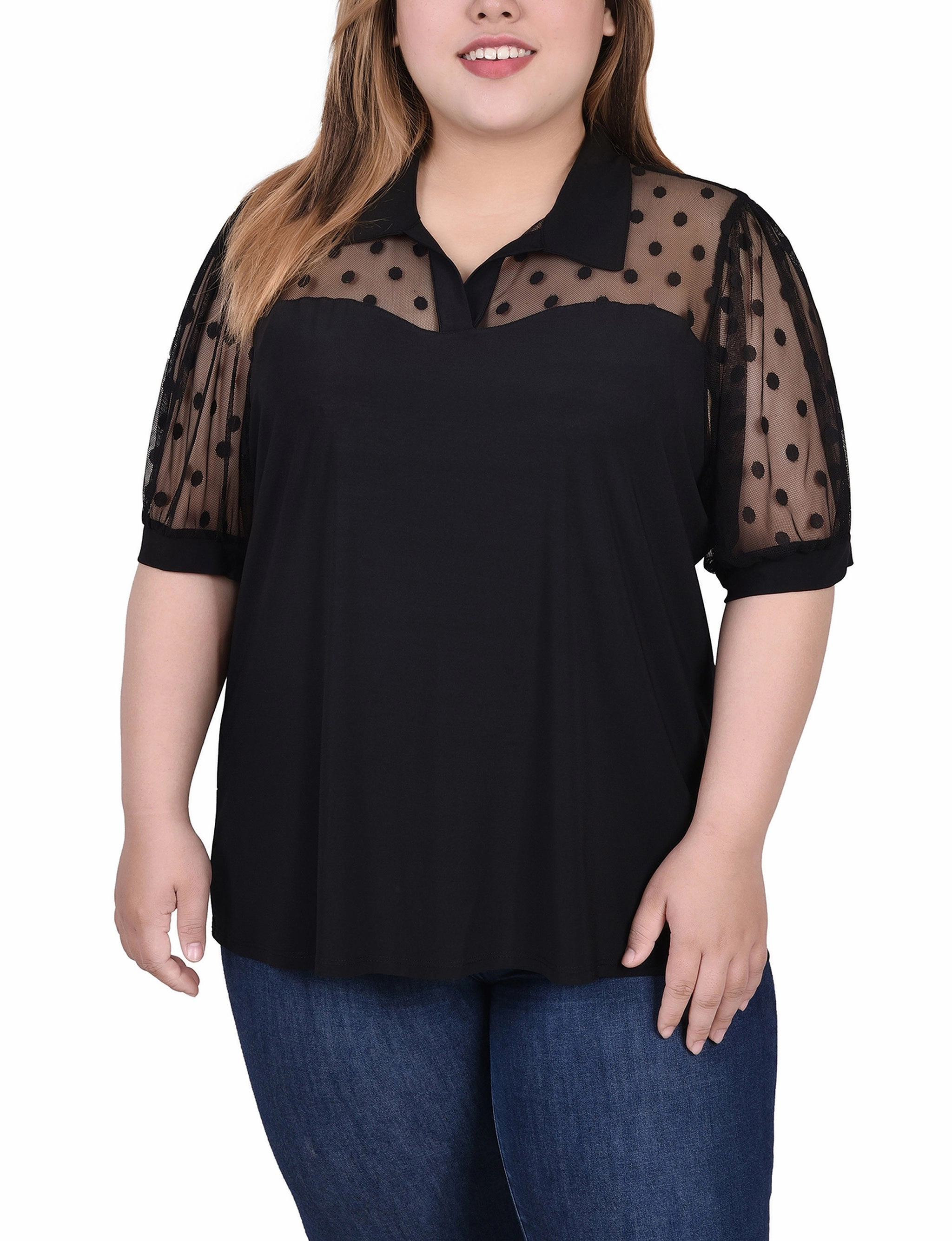 anti static coating Plus Size Short Sleeve Top With Dotted Mesh