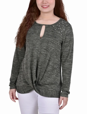 Long Sleeve Knit Keyhole Top With Studs AdjustableNeckline