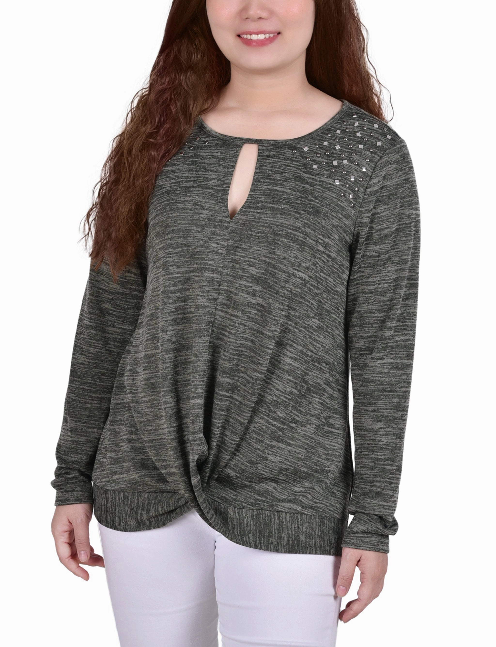Long Sleeve Knit Keyhole Top With Studs Cozy Layer