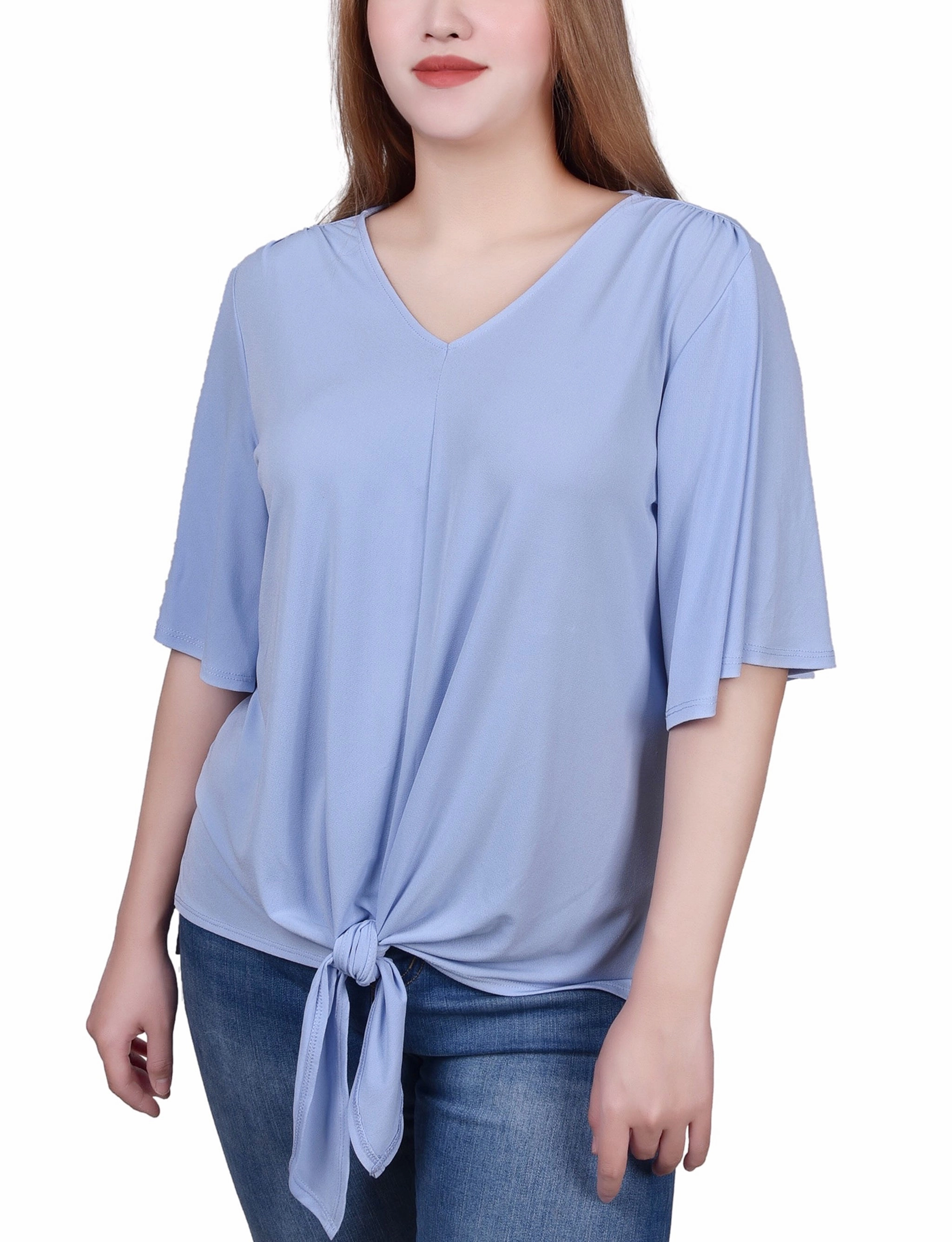 Durable Blend Petite Elbow Sleeve Tie-Front Top