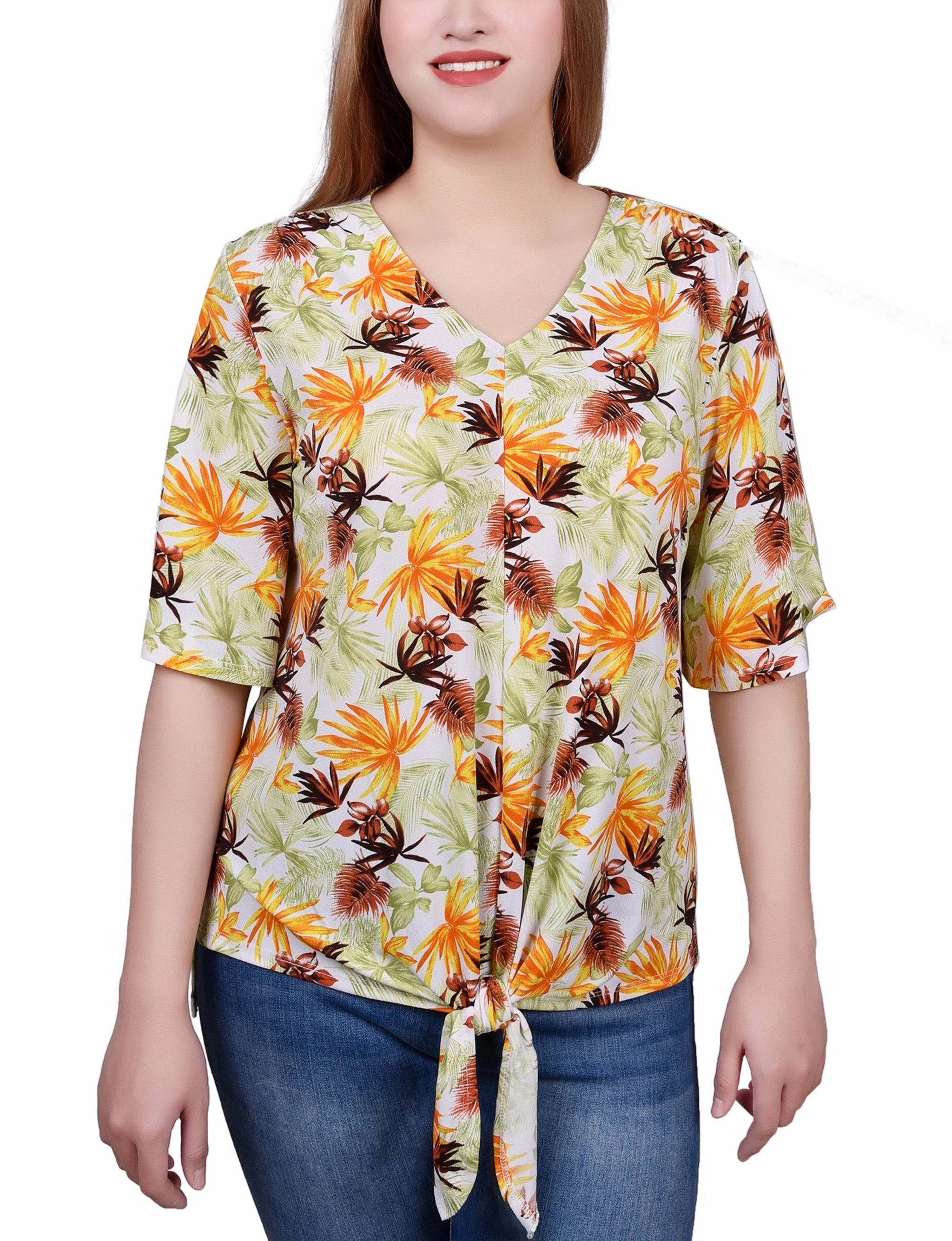 Interlock Knit WrinkleResistantFinish Petite Elbow Sleeve Tie-Front Top