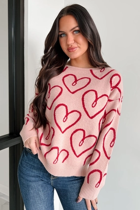 Durable Reinforced Hem AbrasionResistant Edging My One True Love Heart Print Sweater (Blush/Red)