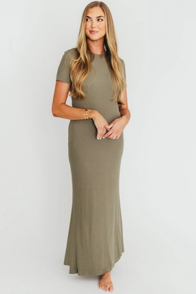 Stretch Fabric The Charlie Ribbed Maxi Dress in Dusty Olive Green - Bump Friendly