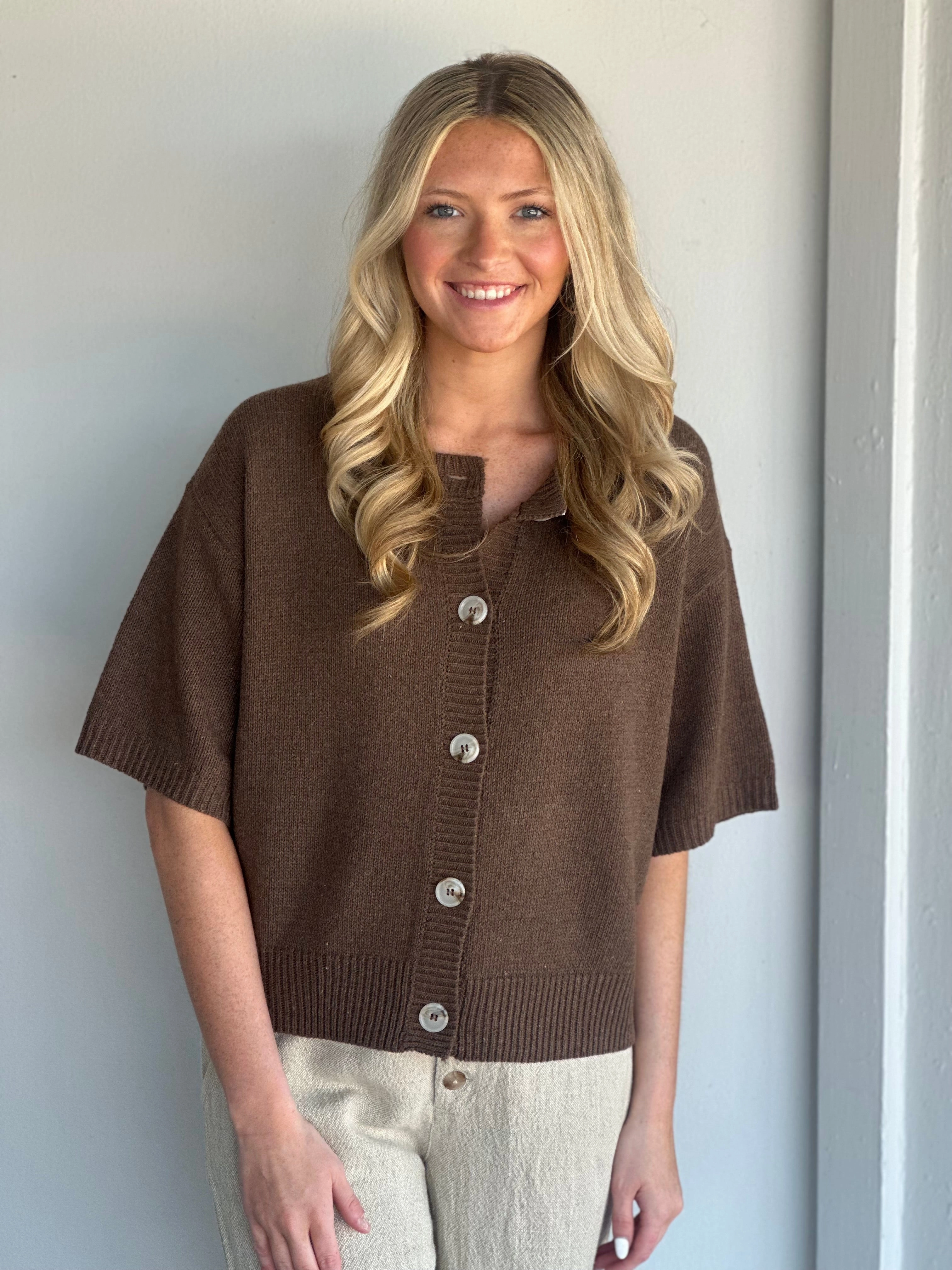 Comfortable Layer Overlock Edging The Katalina Cardigan in Brown